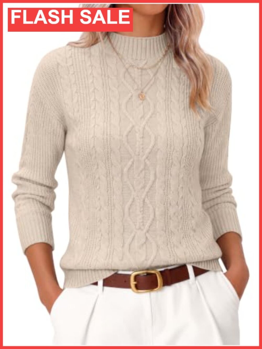 Cable Knit Mock Neck Long Sleeve Cropped Pullover Sweater